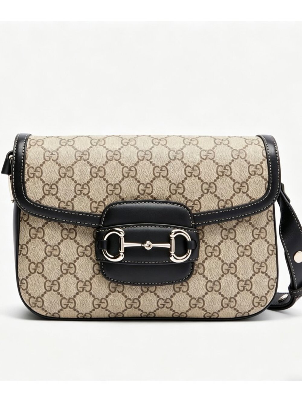 Gucci GG Supreme Monogram Canvas Horsebit 1955 Medium Flap Bag Beige Black Ebony